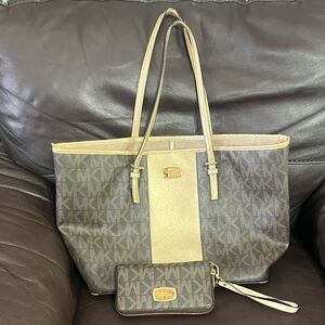 Michael Kors Brown Tote with Gold Center Stripe and Matching Wristlet